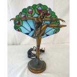 ART NOUVEAU STYLE BALLERINA TABLE LAMP WITH LEADED GLASS PANEL SHADE - 39CM TALL
