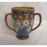 ROYAL DOULTON 3 HANDLED EARTHENWARE VASE DECORATED WITH STYLISED FLOWERS, NO.