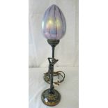 ART NOUVEAU STYLE FIGURAL TABLE LAMP WITH NUDE MODEL & PURPLE GLASS EGG SHELL SHAPED SHADE - 50CM