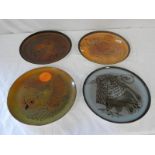 4 DECORATIVE PLATES BY AEGEAN EACH DECORATED WITH OWLS IN DIFFERENT SCENERIES, 30CM DIAMETER,