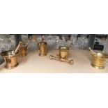 5 VARIOUS BRASS PESTLE & MORTARS & 1 OTHER PESTLE ON 1 SHELF