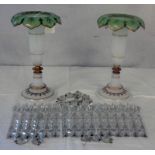 PAIR LATE 19TH CENTURY GREEN & OPAQUE GLASS GIRONDELLES WITH FACETED GLASS DROPS - 25 CM TALL