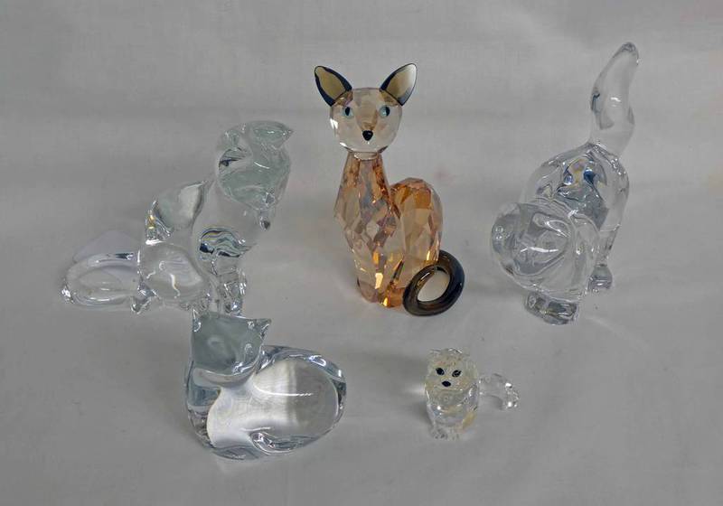 5 GLASS CAT PAPERWEIGHTS BY VILLEROY & BOCH, WATERFORD,