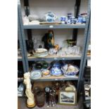 BLUE & WHITE PORCELAIN, GREEN & GILT ART GLASSES, FISHING NET BALLS, CAST IRON KNIGHT, BAROMETER,