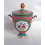 SEVRES STYLE PORCELAIN LIDDED TWIN HANDLED POT WITH PINEAPPLE FINIAL,