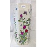 POTTERY HEXAGONAL STICK STAND DECORATED WITH FLOWERS & BUTTERFLIES - 45CM TALL