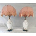 PAIR OF ORIENTAL PORCELAIN LAMPS 65CM TALL, DECORATED WITH CRANES & MOUNTAINS,