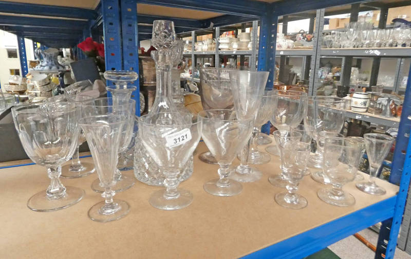 VARIOUS 19TH CENTURY GLASSWARE INCLUDING RUMMERS & 3 DECANTERS,