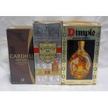 3 BOTTLES CARDHU 12 YEAR OLD SINGLE MALT WHISKY, CHIVAS REGAL 12 BLEND & DIMPLE BLENDED.