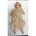 SCHOENAV & HOFFMEISTER 1909 2/12 BISQUE DOLL WITH BLUE EYES AND FLORAL DRESS