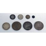 SELECTION OF 8 UK SILVER COINS TO INCLUDE 1895 VICTORIA CROWN, 1887 VICTORIA SHILLING,