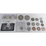 SELECTION OF VARIOUS SILVER COINS TO INCLUDE 1891 VICTORIA HALFCROWN, 1927 GEORGE V HALFCROWN,