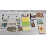 SELECTION OF VARIOUS COINS, POSTCARDS, STAMPS, FIRST DAY COVERS, TEA/CIGARETTE CARDS,