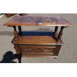 19TH CENTURY OAK MONK'S BENCH WITH DECORATIVE CARVING & LIFT-SEAT,