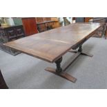 EARLY 20TH CENTURY OAK REFECTORY STYLE TABLE WITH BALUSTER SUPPORTS & 2 PULL-OUT LEAVES,