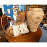 WICKER BASKET WITH LID, WOODEN BARREL MARKED INDISTINCTLY TO FRONT, ETC.