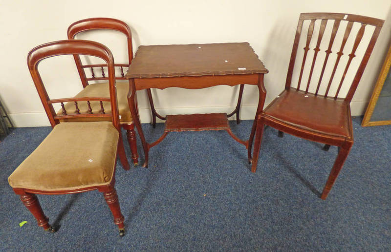 PAIR OF MAHOGANY DINING CHAIRS ON TURNED SUPPORTS, MAHOGANY TABLE WITH SHAPED TOP ETC.
