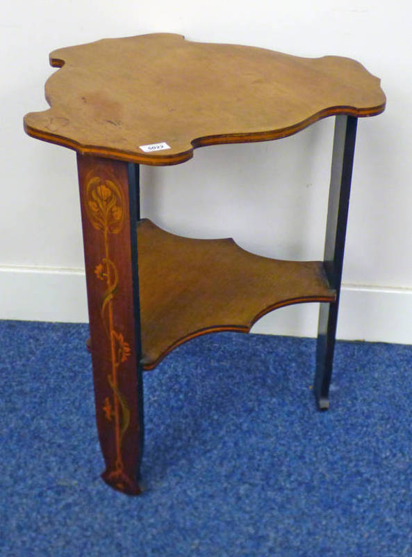 MAHOGANY ARTS & CRAFTS STYLE TABLE WITH SHAPED TOP ON DECORATIVELY INLAID SUPPORTS