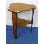 MAHOGANY ARTS & CRAFTS STYLE TABLE WITH SHAPED TOP ON DECORATIVELY INLAID SUPPORTS