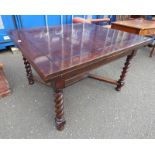 EARLY 20TH CENTURY MAHOGANY DRAW LEAF TABLE ON BARLEY TWIST SUPPORTS,