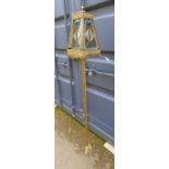 WROUGHT IRON FLOOR LAMP WITH BRASS LEADED GLASS SHADE,