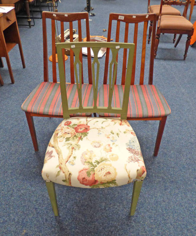 LATE 19TH CENTURY PAINTED CHAIR ON SQUARE TAPERED SUPPORTS & PAIR OF G-PLAN TEAK DINING CHAIRS