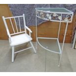 PAINTED CHILD'S CHAIR & WROUGHT METAL 2 TIER CORNER TABLE WITH GLASS INSETS