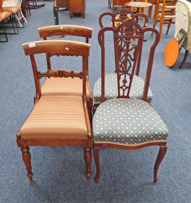 PAIR OF 19TH CENTURY MAHOGANY DINING CHAIRS ON REEDED SUPPORTS & PAIR OF MAHOGANY CHAIRS