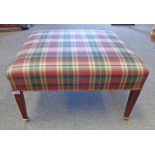 MAHOGANY FRAMED STOOL ON TAPERED REEDED SUPPORTS WITH BRASS CASTERS,