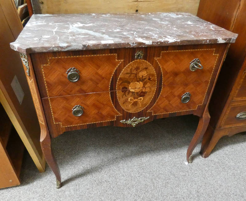 2 DRAWER CHEST WITH MARBLE TOP, DECORATIVE CROSSBANDING,