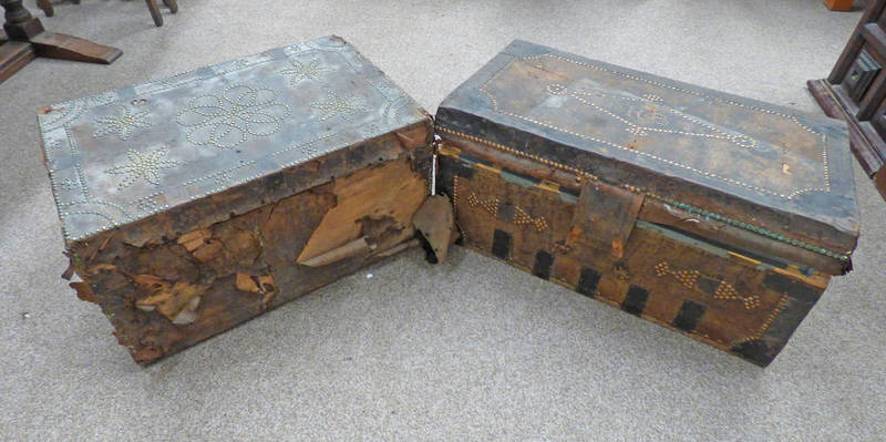 2 LEATHER BOUND TRUNKS WITH BRASS STUD DECORATION ONE WITH LABEL FOR PETER PEDDIE EDINBURGH