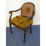 EARLY 20TH CENTURY LACQUER ARMCHAIR WITH BERGERE BACK & SEAT ON SQUARE TAPERED SUPPORTS