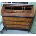 CYLINDER FRONT BUREAU WITH DECORATIVE CROSS BANDING & DECORATIVE OVERALL INLAY WITH FITTED INTERIOR,