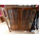 MAHOGANY CABINET WITH 2 GLAZED PANEL DOORS ON SHORT QUEEN-ANNE SUPPORTS - 120 CM TALL X 105 CM WIDE
