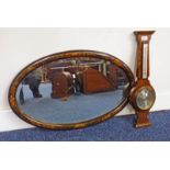 OVAL FRAMED MIRROR WITH ORIENTAL LACQUER DECORATION & OAK CASED BANJO BAROMETER