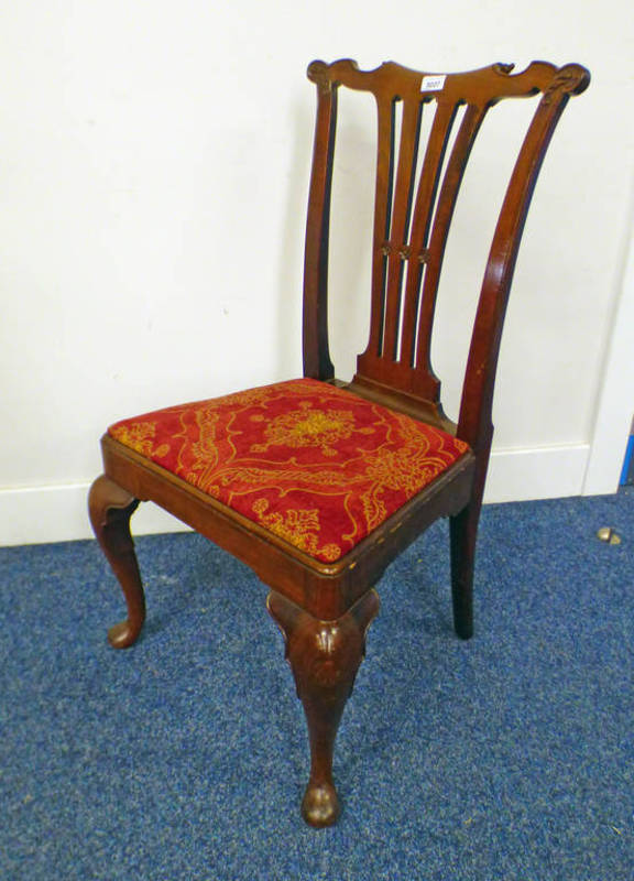 EARLY 20TH CENTURY MAHOGANY CHAIR ON SHAPED SUPPORTS