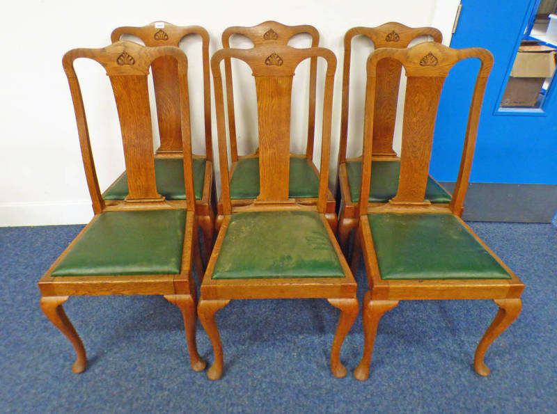 SET OF 6 ARTS & CRAFTS STYLE OAK CHAIRS ON SHAPED SUPPORTS