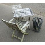 WOODEN GARDEN TABLE WITH TWO CHAIR AND METAL FRAMED FLOWER STAND