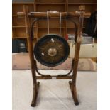 20TH CENTURY BAMBOO DINNER GONG WITH METAL GONG ON BAMBOO STAND