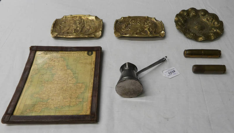 SELECTION OF TRENCH ART INCLUDING TWO 20MM LIGHTERS, AN ITALIAN 1943 BRASS DISH, YZER 1914 ASHTRAY,