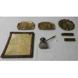 SELECTION OF TRENCH ART INCLUDING TWO 20MM LIGHTERS, AN ITALIAN 1943 BRASS DISH, YZER 1914 ASHTRAY,