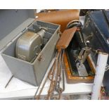 CASED SINGER SEWING MACHINE, FIRE IRONS,