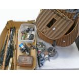 FISHERMANS CREEL, LANDING NET, LEATHER FLY WALLET WITH VARIOUS FLIES TO INCLUDE A GUT EYED FLY,