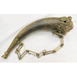 SCOTTISH COW HORN FLASK WITH HEAVILY DECORATED METAL ENDS, LINK CHAIR,