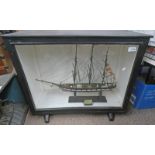 CASED DISPLAY CONTAINING 3 MAST MODEL SHIP WITH CLIPPER BOW, 58CM TALL,