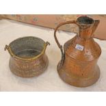 MIDDLE EASTERN COPPER WATER JUG AND A COPPER BODIED BUCKET WITH BRASS HANDLE -2-