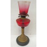 CRANBERRY GLASS RESERVOIR PARAFFIN LAMP WITH ETCHED CRANBERRY GLASS SHADE