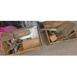SELECTION OF VARIOUS VINTAGE TOOLS IN TWO WOODEN BOXES TO INCLUDE PLANES, SAWS,