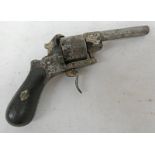 19TH CENTURY BELGIUM PINFIRE REVOLVER, FOLIATE ENGRAVING, LIEGE PROOF MARKS,