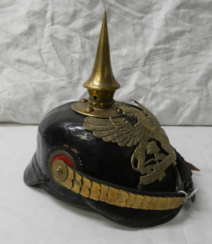 COMPOSITE BADEN NCO'S PICKELHAUBE WITH BLACK LEATHER SKULL, BRASS MOUNTS, SPIKE FINIAL,